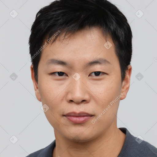 Neutral asian young-adult male with short  black hair and brown eyes