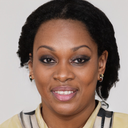 Joyful black young-adult female with short  brown hair and brown eyes