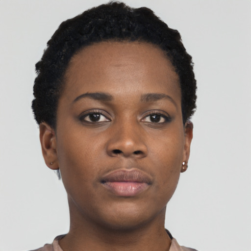 Neutral black young-adult female with short  black hair and brown eyes