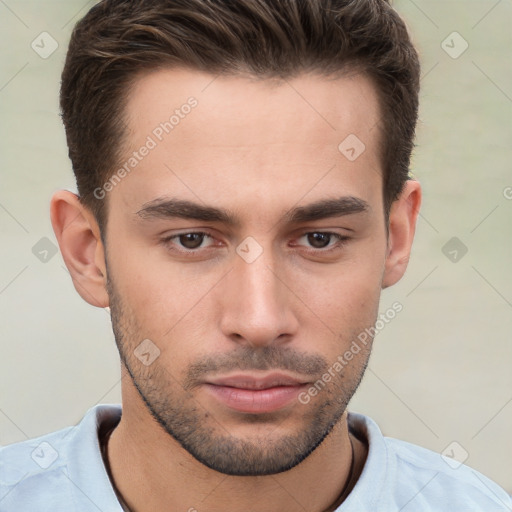 Neutral white young-adult male with short  brown hair and brown eyes