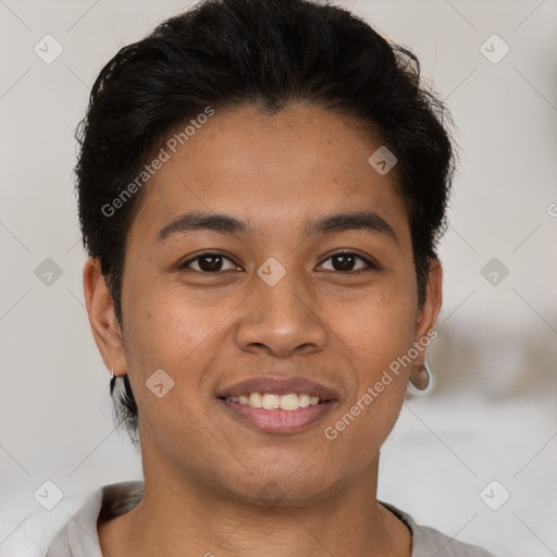 Joyful latino young-adult female with short  brown hair and brown eyes