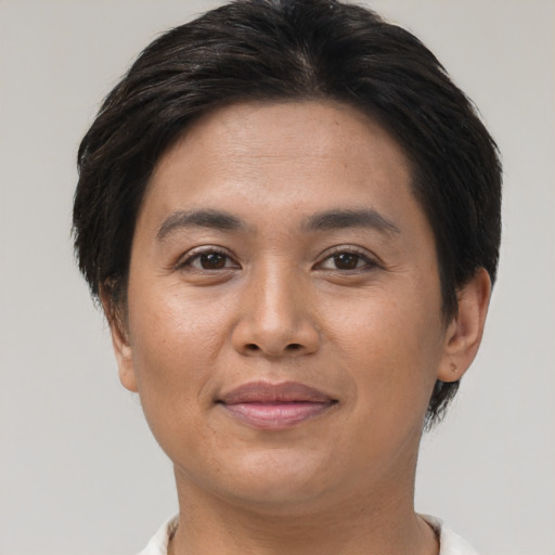 Joyful asian young-adult female with short  brown hair and brown eyes