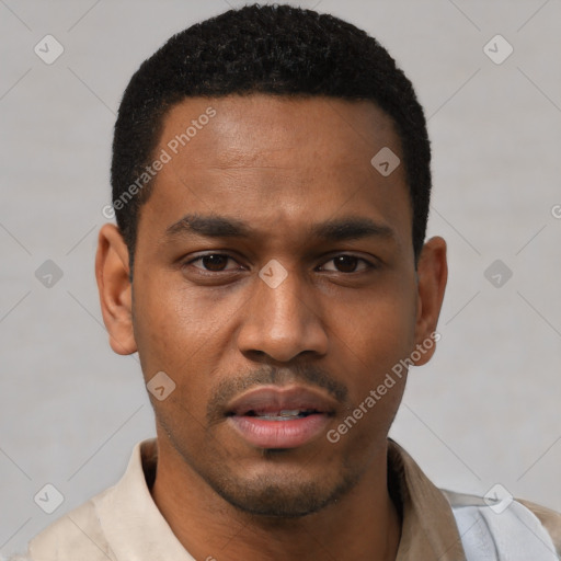 Neutral latino young-adult male with short  black hair and brown eyes