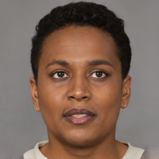 Joyful black young-adult female with short  brown hair and brown eyes