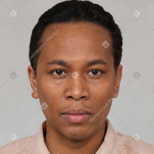 Neutral black young-adult male with short  black hair and brown eyes