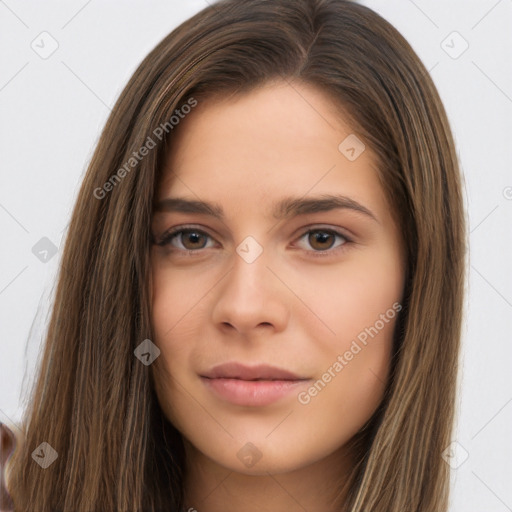 Neutral white young-adult female with long  brown hair and brown eyes