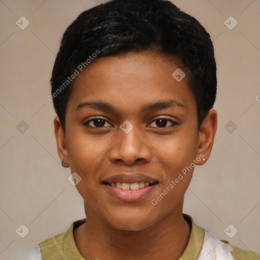 Joyful latino young-adult female with short  black hair and brown eyes