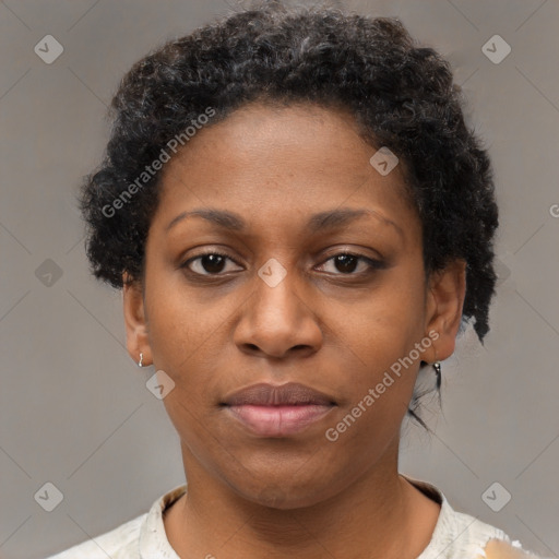 Neutral black young-adult female with short  brown hair and brown eyes