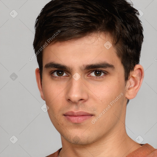 Neutral white young-adult male with short  brown hair and brown eyes