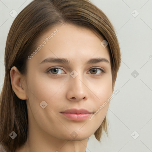 Neutral white young-adult female with long  brown hair and brown eyes