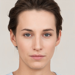 Neutral white young-adult female with short  brown hair and brown eyes