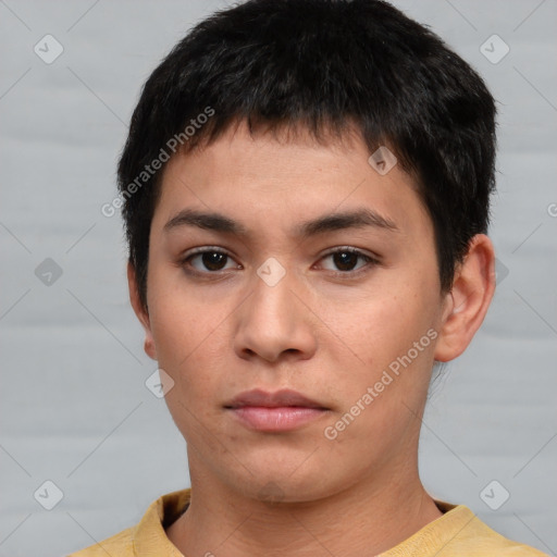 Neutral asian young-adult male with short  brown hair and brown eyes