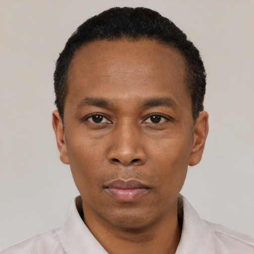Neutral black young-adult male with short  black hair and brown eyes