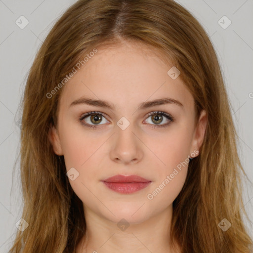 Neutral white young-adult female with long  brown hair and brown eyes