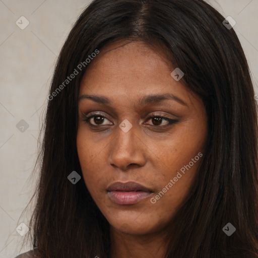 Neutral asian young-adult female with long  brown hair and brown eyes