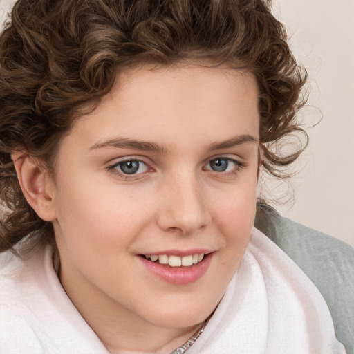 Joyful white child female with medium  brown hair and brown eyes