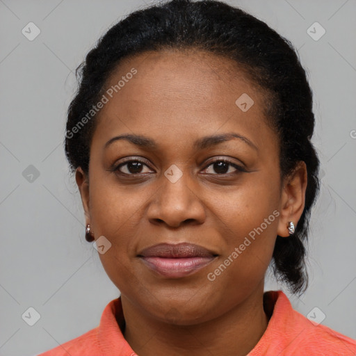 Joyful black young-adult female with medium  black hair and brown eyes