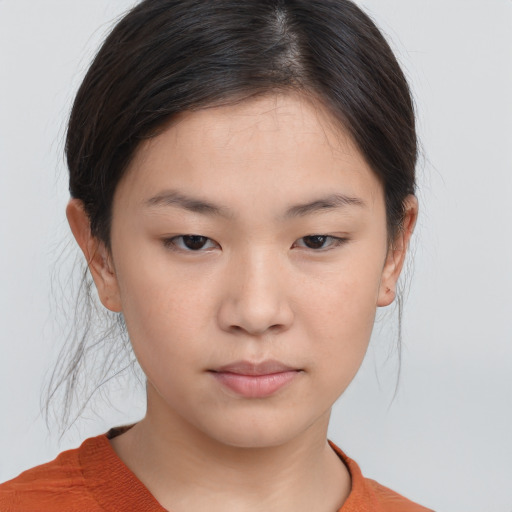 Neutral asian young-adult female with medium  brown hair and brown eyes
