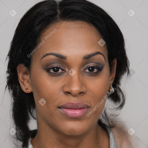 Joyful black young-adult female with medium  brown hair and brown eyes