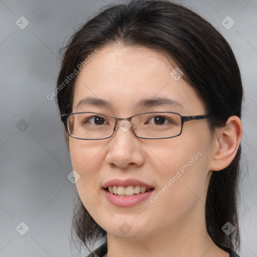 Joyful white young-adult female with medium  brown hair and brown eyes