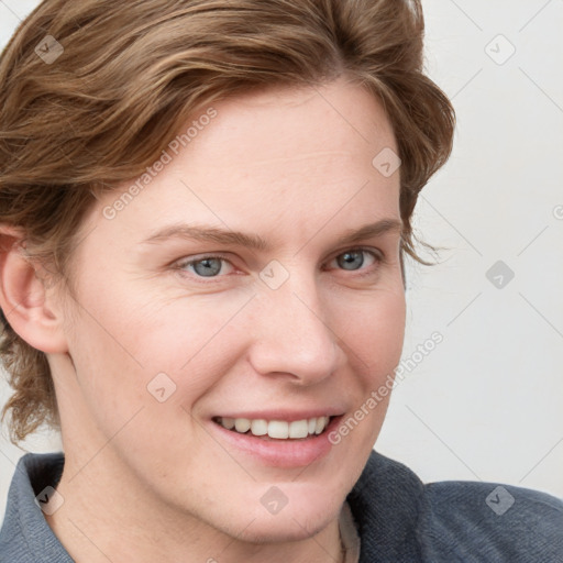 Joyful white young-adult female with medium  brown hair and blue eyes