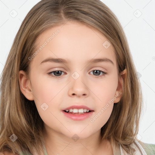 Joyful white child female with medium  brown hair and brown eyes