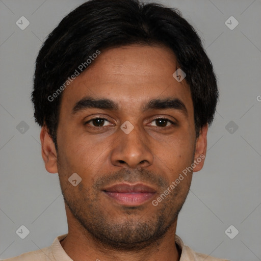 Neutral asian young-adult male with short  black hair and brown eyes