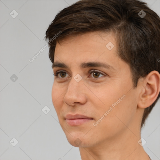 Neutral white young-adult male with short  brown hair and brown eyes