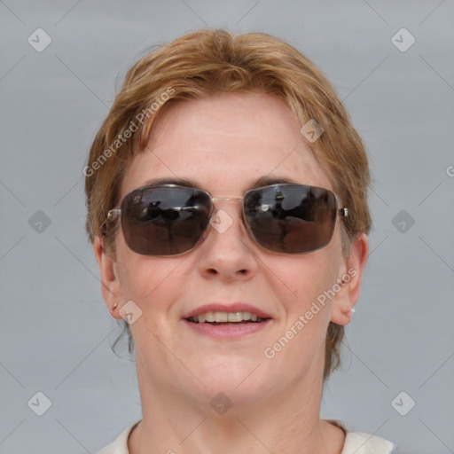 Joyful white adult female with medium  brown hair and blue eyes