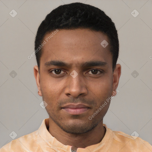 Neutral black young-adult male with short  black hair and brown eyes