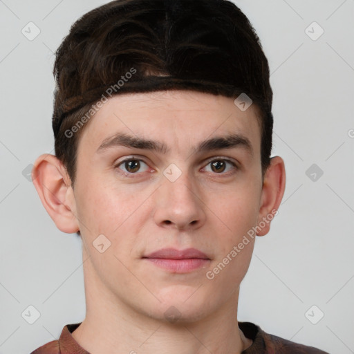 Neutral white young-adult male with short  brown hair and brown eyes