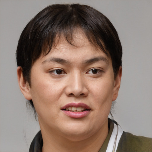 Joyful asian young-adult female with short  brown hair and brown eyes