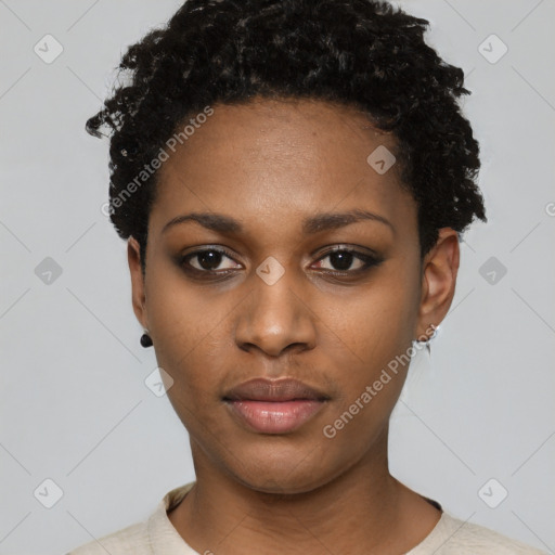 Neutral black young-adult female with short  black hair and brown eyes