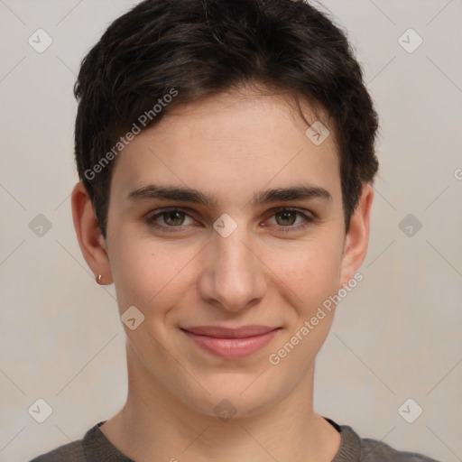 Joyful white young-adult female with short  brown hair and brown eyes