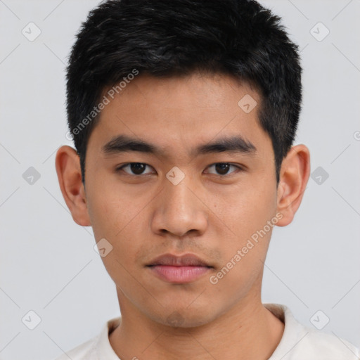 Neutral asian young-adult male with short  black hair and brown eyes