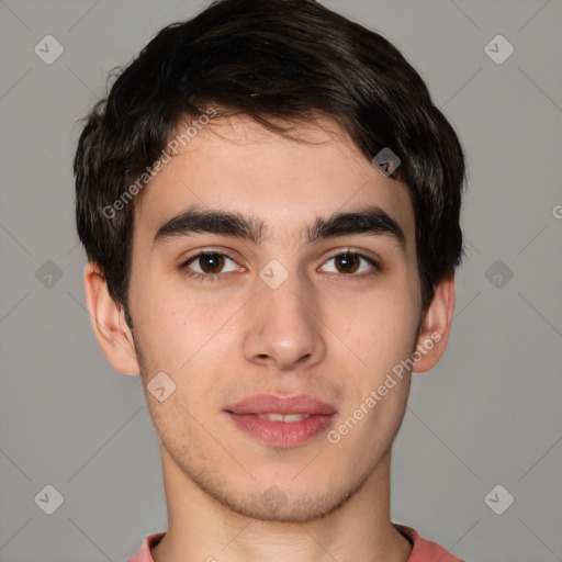 Neutral white young-adult male with short  brown hair and brown eyes