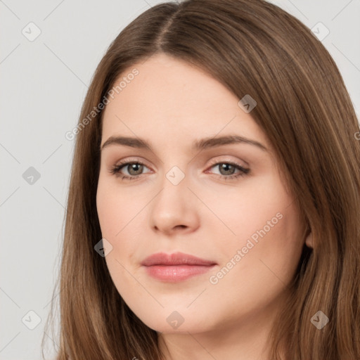 Neutral white young-adult female with long  brown hair and brown eyes