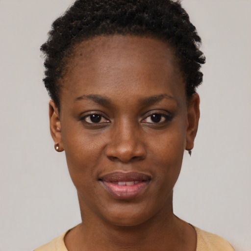 Neutral black young-adult female with short  black hair and brown eyes