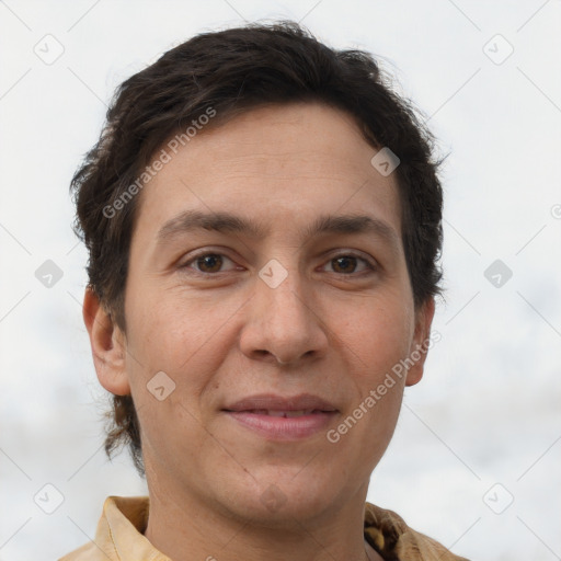 Joyful white adult female with short  brown hair and brown eyes