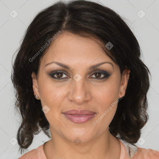 Joyful white adult female with medium  brown hair and brown eyes