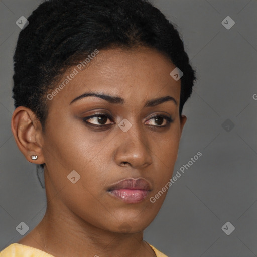 Neutral black young-adult female with short  brown hair and brown eyes