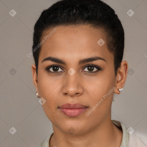 Joyful latino young-adult female with short  brown hair and brown eyes