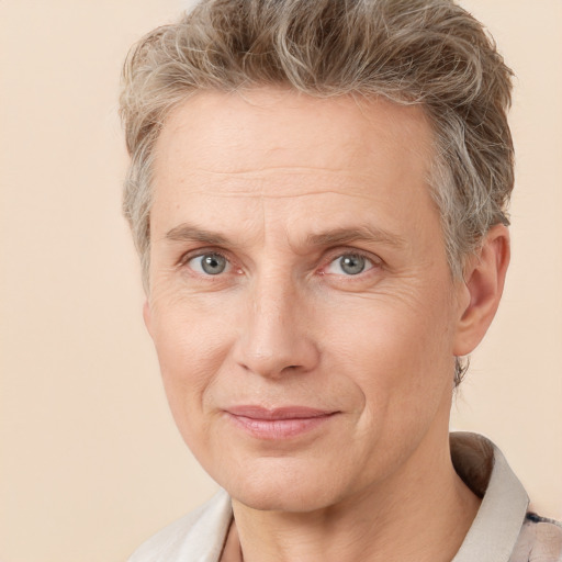 Joyful white adult male with short  brown hair and grey eyes