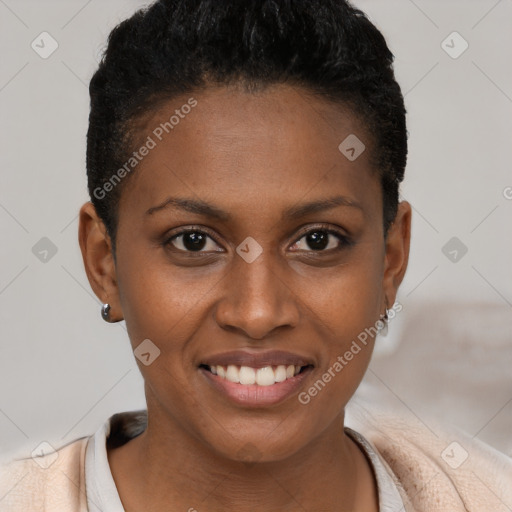 Joyful black young-adult female with short  brown hair and brown eyes