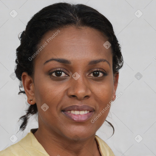 Joyful black young-adult female with medium  brown hair and brown eyes