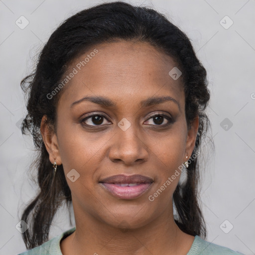 Joyful black young-adult female with medium  brown hair and brown eyes