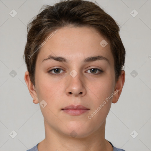 Neutral white young-adult female with short  brown hair and brown eyes