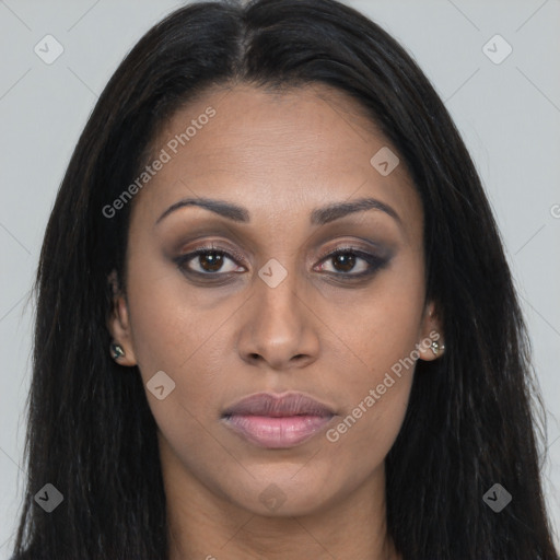 Joyful asian young-adult female with long  brown hair and brown eyes