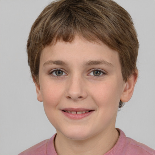 Joyful white child female with short  brown hair and grey eyes