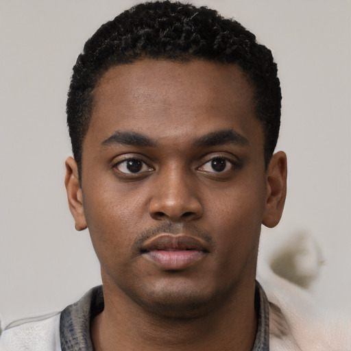 Neutral black young-adult male with short  black hair and brown eyes